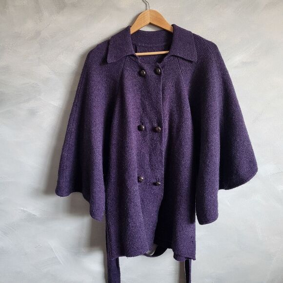 Purple Wool Silk Blend Belted Button down Collar Oversized Sleeve Cardigan S - Picture 10 of 14